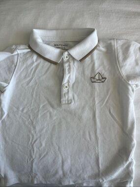 Bout’chou White Polo Shirt with Tan Trim - Kids Button Down